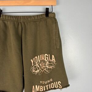 YoungLA Mens Medium Olive Green Ambitious Rose Raw Hem 7.5" Sweat Shorts Pockets